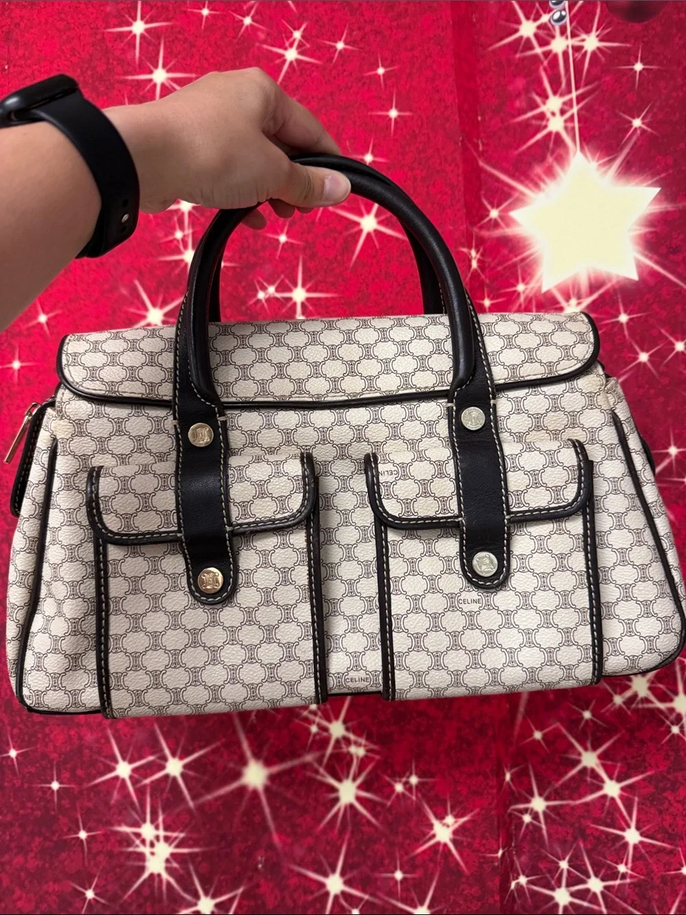 Celine Cream Patterned Satchel with Black Trim